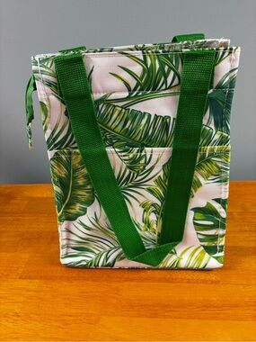 Insulated Reusable Zip Lunch Tote Bag Green/White Tropical Floral 11x9x4"